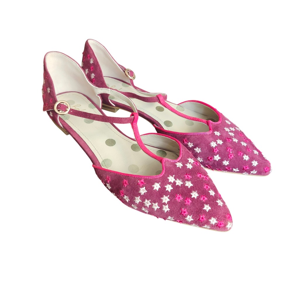Boden T-Strap Flats Womens 39 Pink Suede Star Embroidered Pointed Toe Coquette